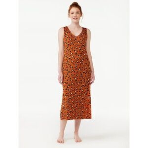 Joyspun Women’s Sleeveless Midi Sleep Chemise, Brown Leopard